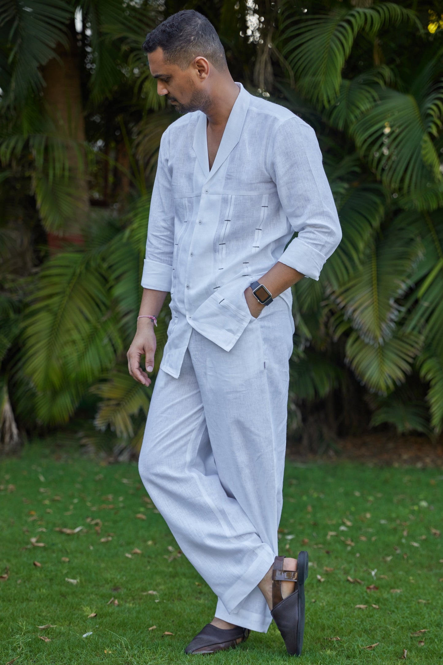 Men's Camp collar pure linen shirt-white