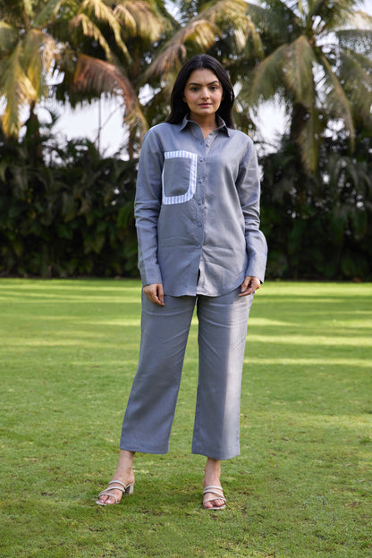 Relaxed Linen Shirt with Striped Patch pocket-Ash Grey