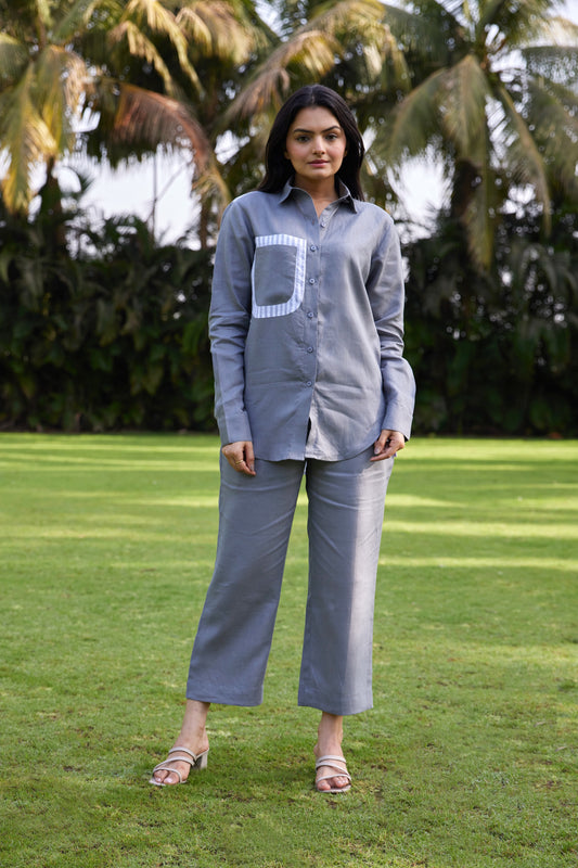 Relaxed Linen Shirt with Striped Patch pocket-Ash Grey