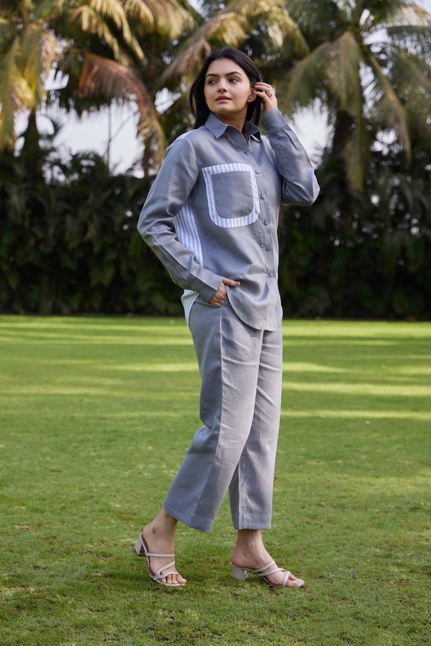 Relaxed Linen Shirt with Striped Patch pocket-Ash Grey