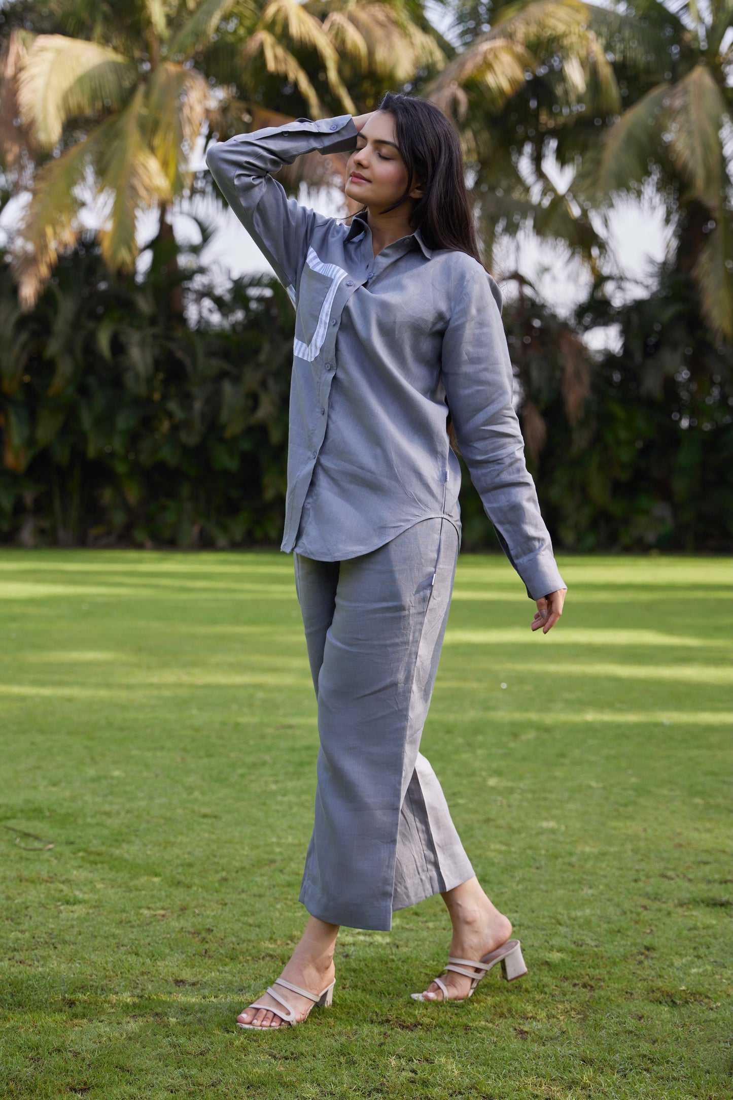 Relaxed Linen Shirt with Striped Patch pocket-Ash Grey