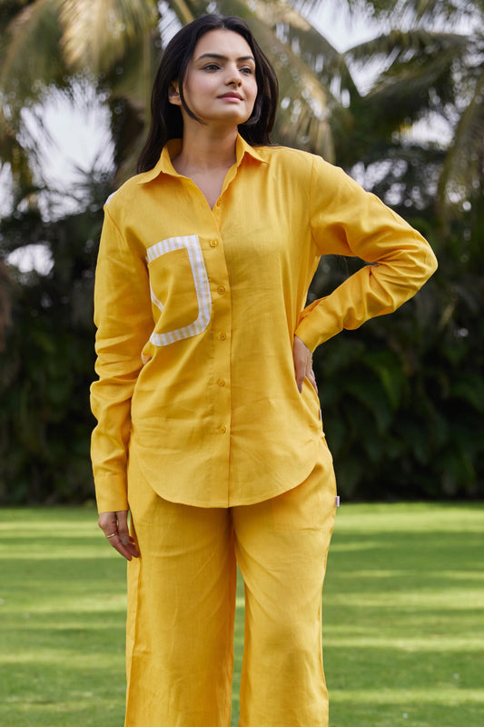 Relaxed Linen Shirt with Striped Patch Pocket-Sunshine Yellow