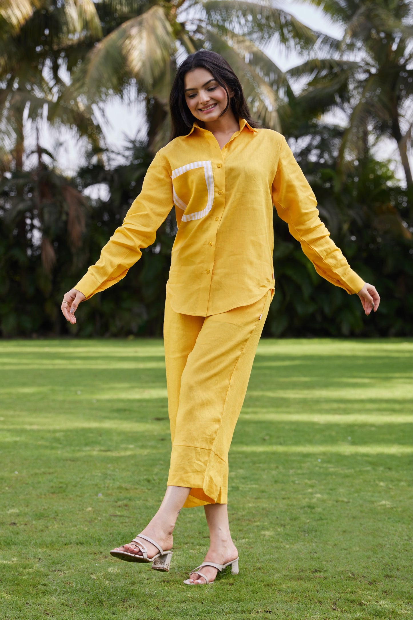 Relaxed Linen Shirt with Striped Patch Pocket-Sunshine Yellow