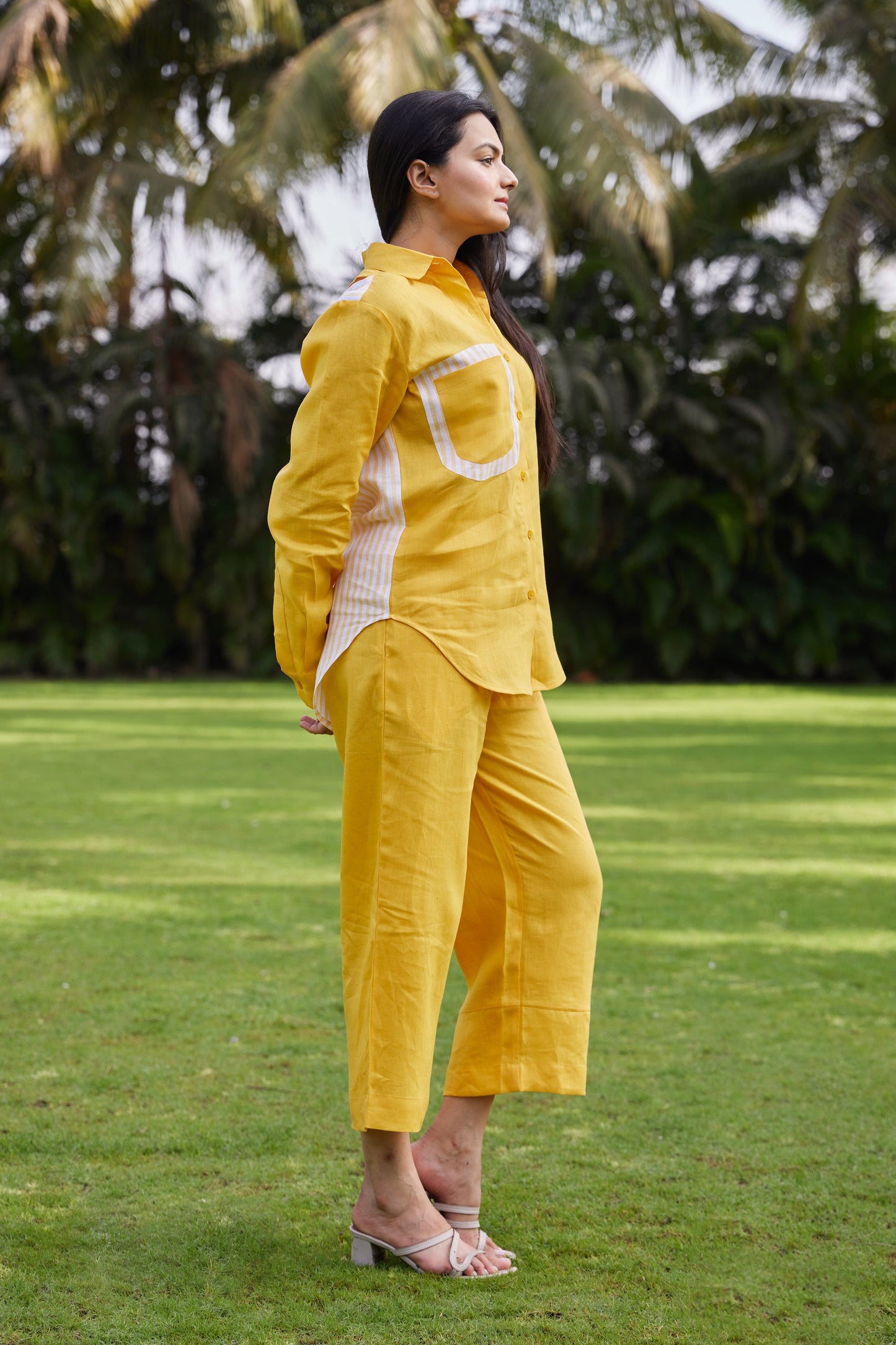 Relaxed Linen Shirt with Striped Patch Pocket-Sunshine Yellow