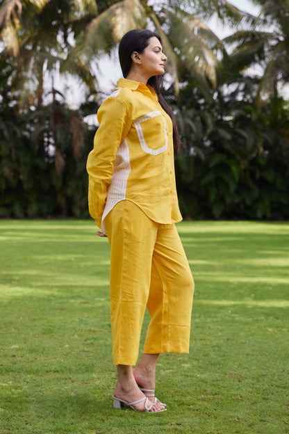 Relaxed Linen Shirt with Striped Patch Pocket-Sunshine Yellow