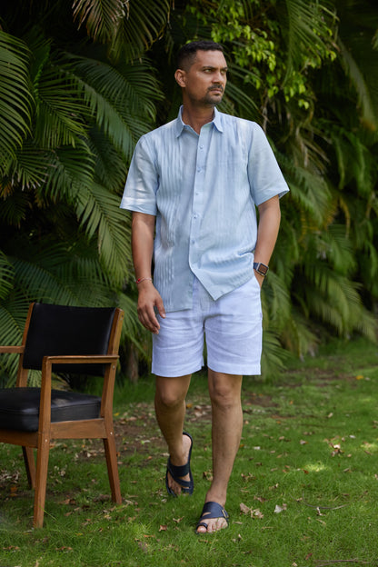 Men’s Pure Linen  Pintuck Panel Shirt – Sky Mist