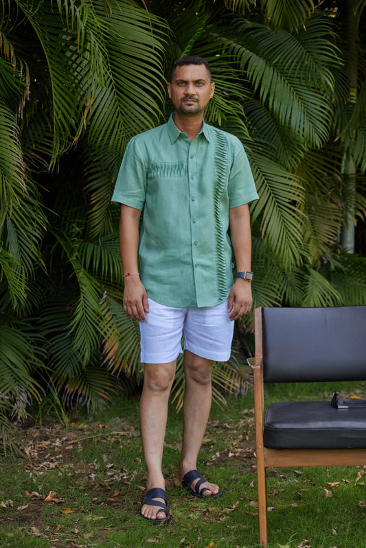 Men’s Pure Linen Pintuck Button-Down Shirt – Green