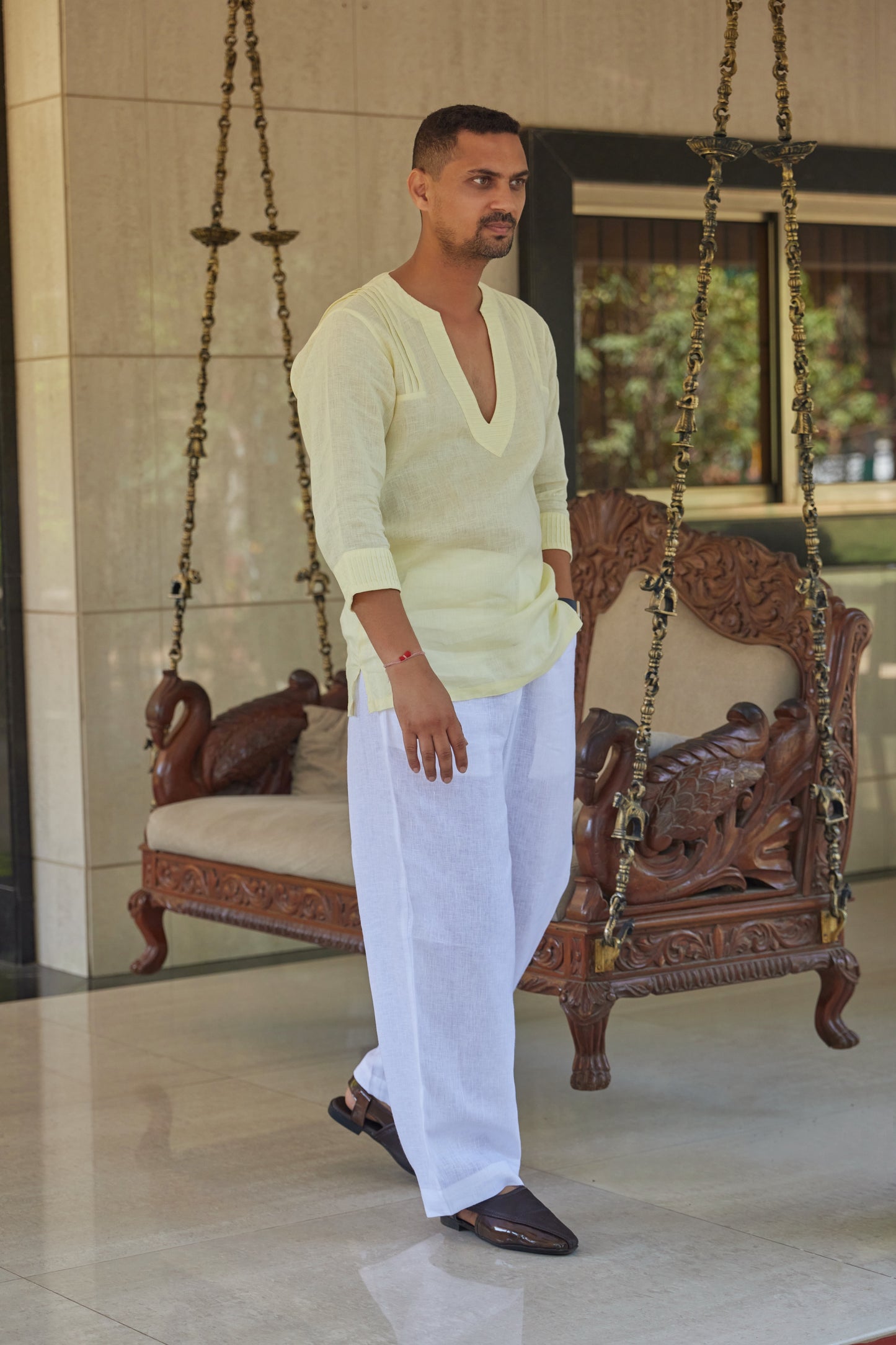 Men’s Pure Linen V-Collar short Kurta – Butter Yellow