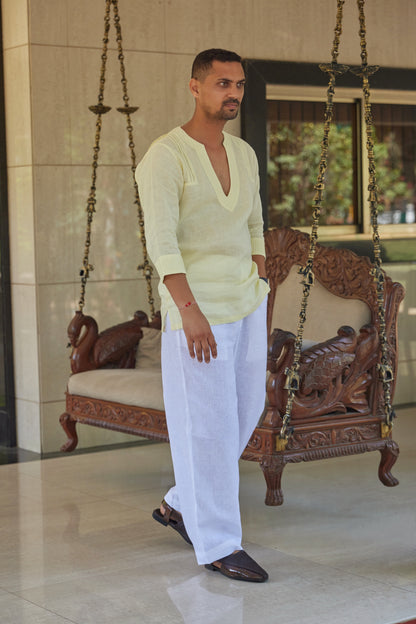 Men’s Pure Linen V-Collar short Kurta – Butter Yellow