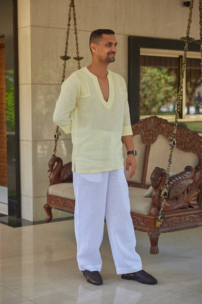 Men’s Pure Linen V-Collar short Kurta – Butter Yellow