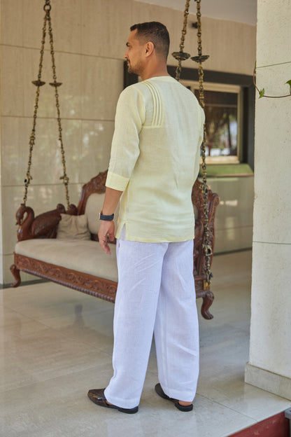 Men’s Pure Linen V-Collar short Kurta – Butter Yellow