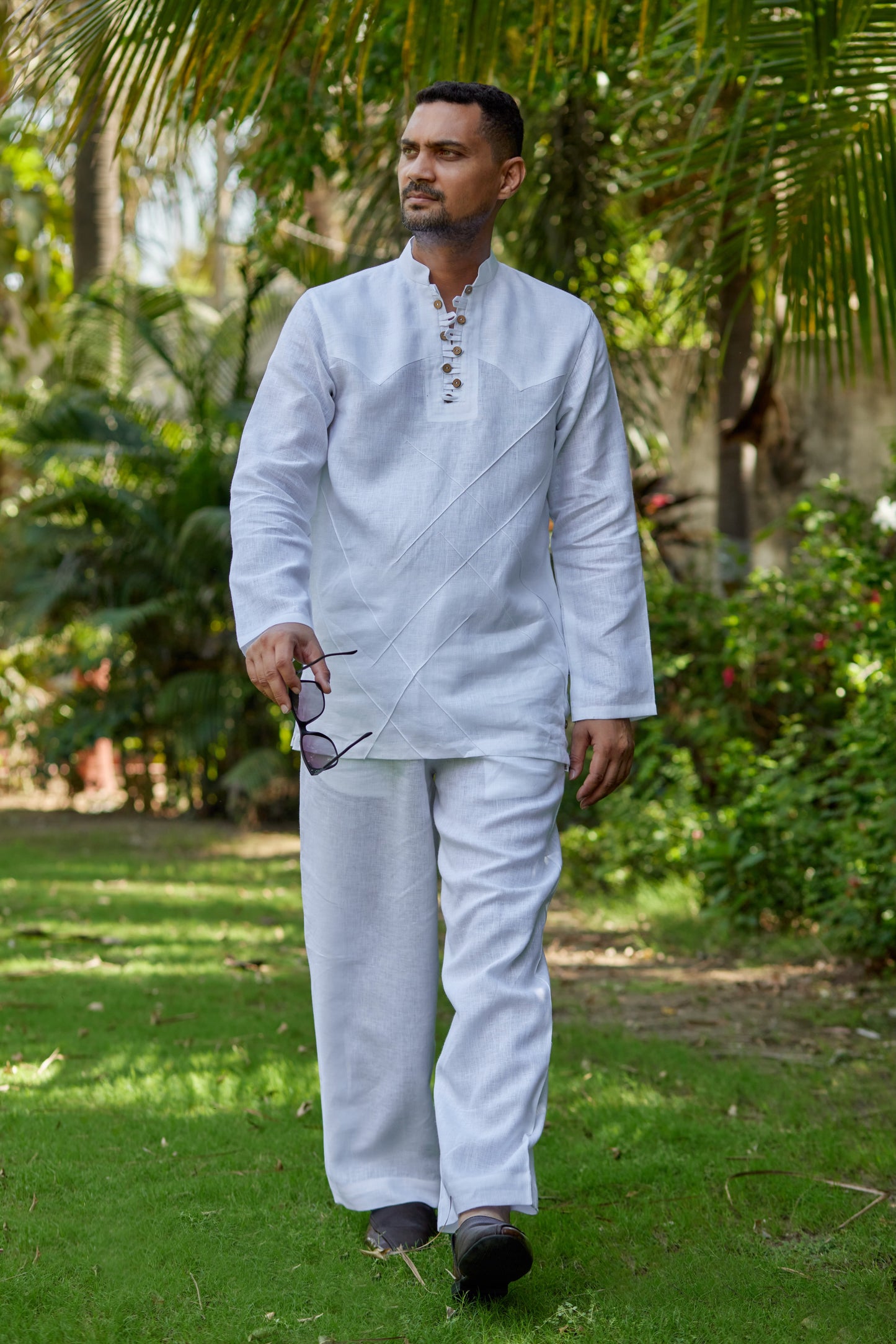 Men’s Pure Linen Criss-Cross Button Stand Collar Kurta– White