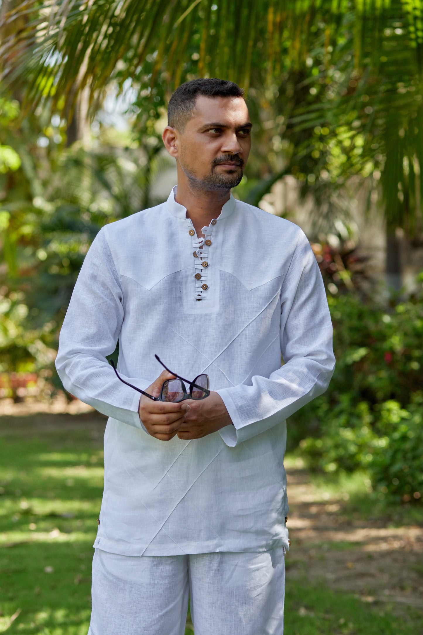Men’s Pure Linen Criss-Cross Button Stand Collar Kurta– White