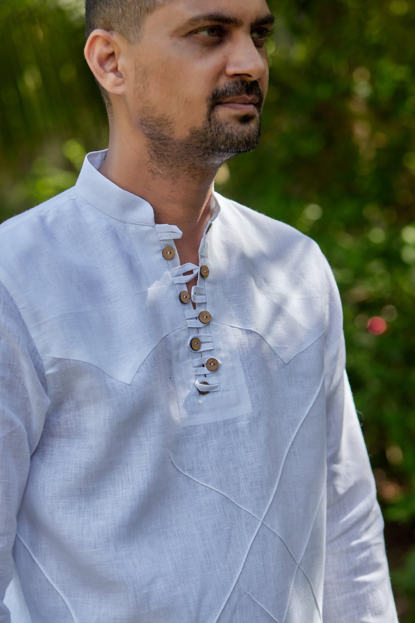 Men’s Pure Linen Criss-Cross Button Stand Collar Kurta– White