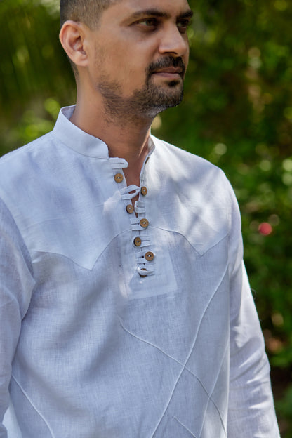 Men’s Pure Linen Criss-Cross Button Stand Collar Kurta– White