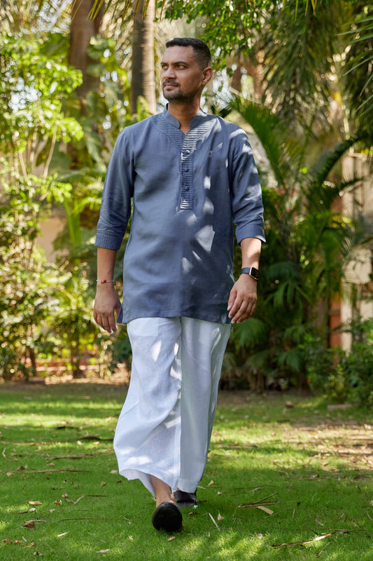 Men’s Pure Linen Pin tuck Stand Collar short Kurta – Stone Grey