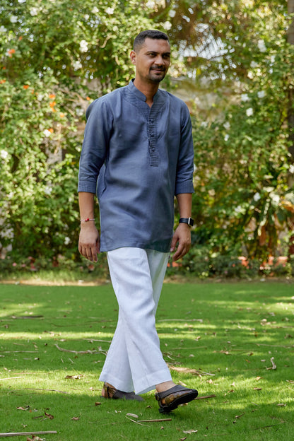 Men’s Pure Linen Pin tuck Stand Collar short Kurta – Stone Grey