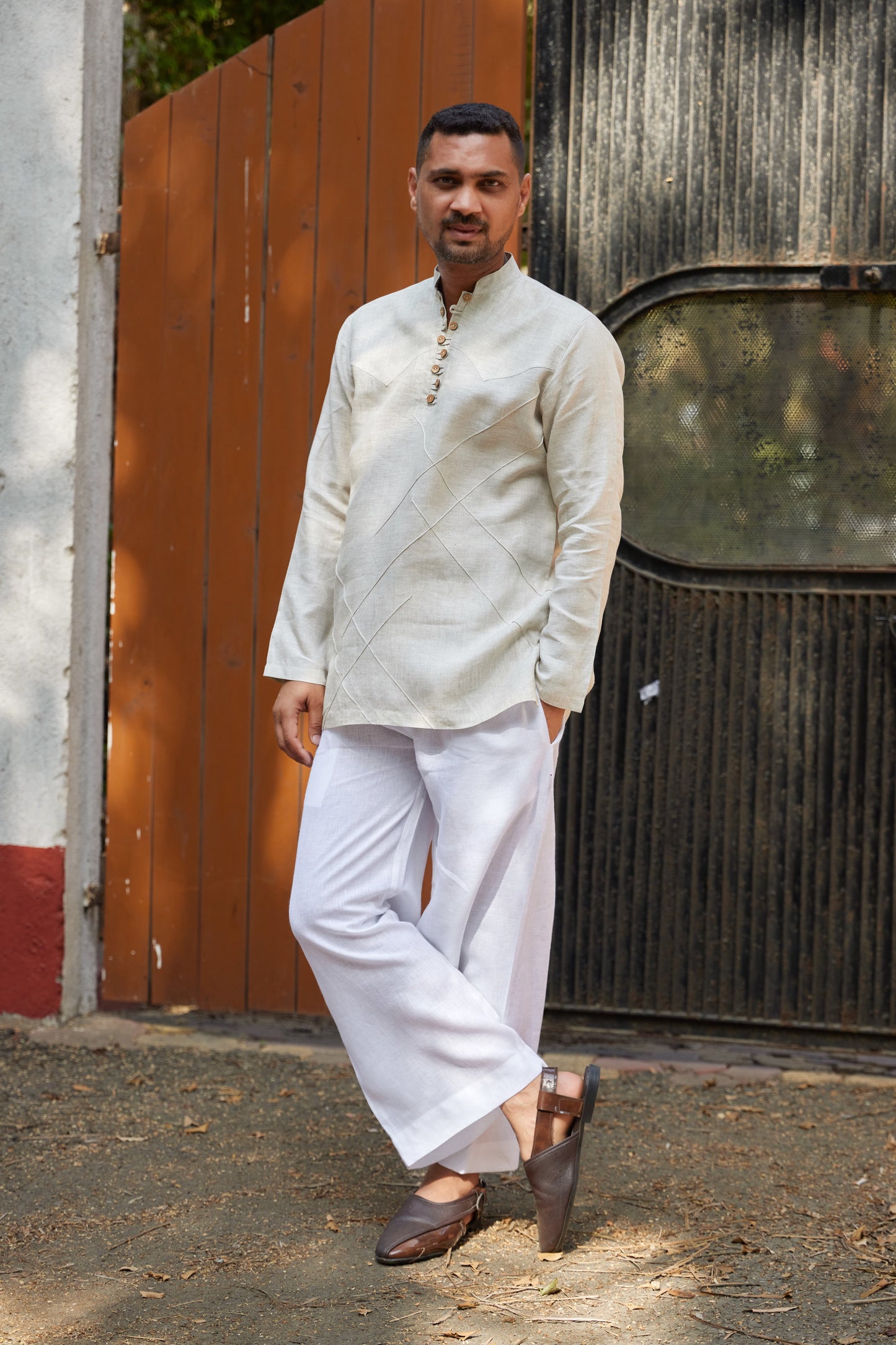 Men’s Pure Linen Criss-Cross Button Stand Collar kurta- Beige