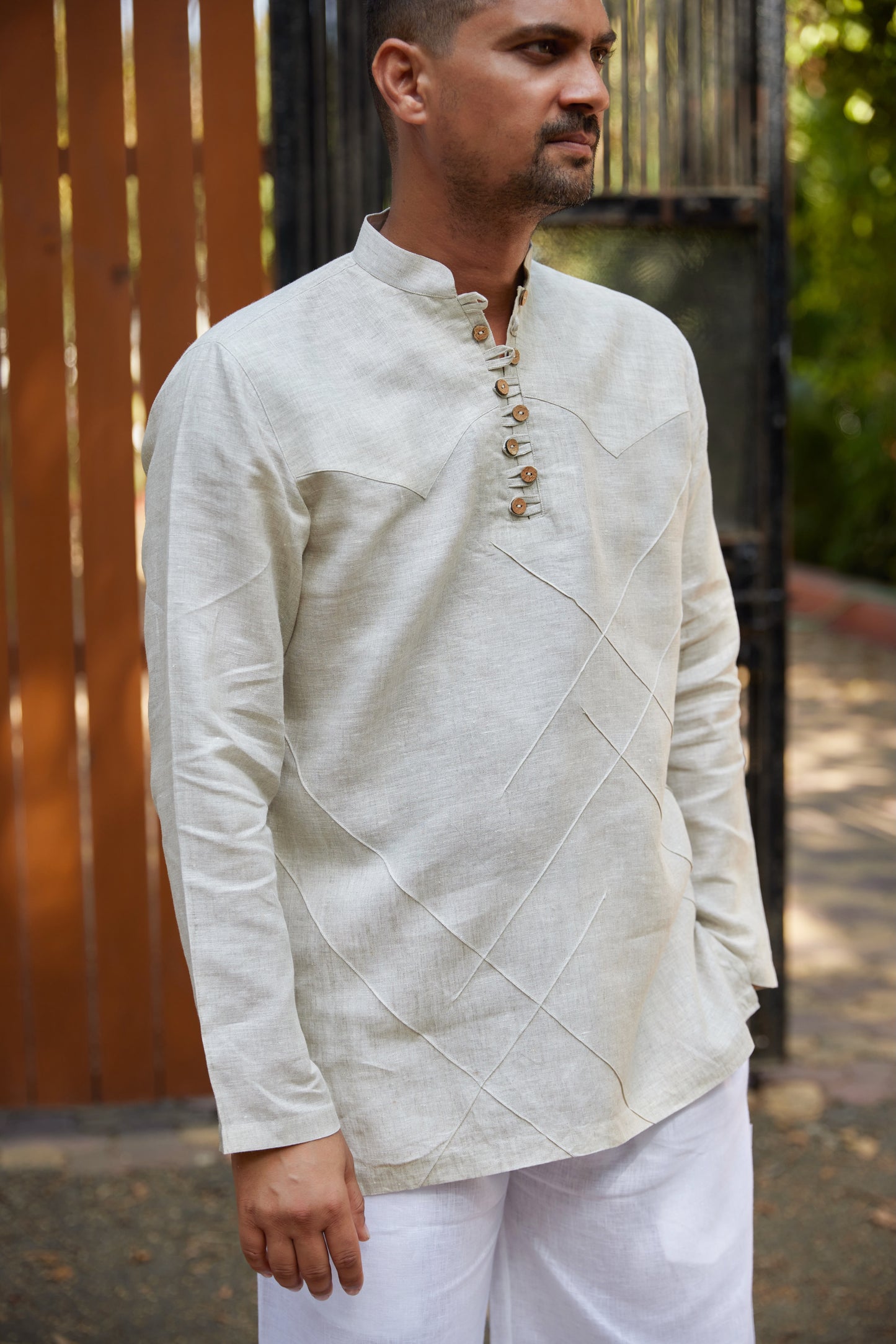 Men’s Pure Linen Criss-Cross Button Stand Collar kurta- Beige