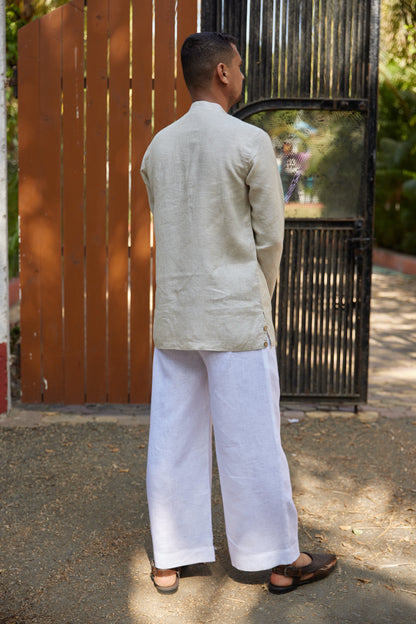 Men’s Pure Linen Criss-Cross Button Stand Collar kurta- Beige