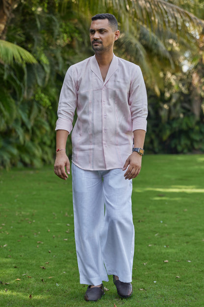 Men’s Camp Collar Pure Linen Shirt – Soft Blush pink