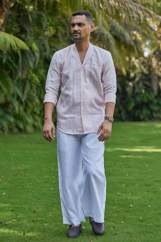 Men’s Camp Collar Pure Linen Shirt – Soft Blush pink