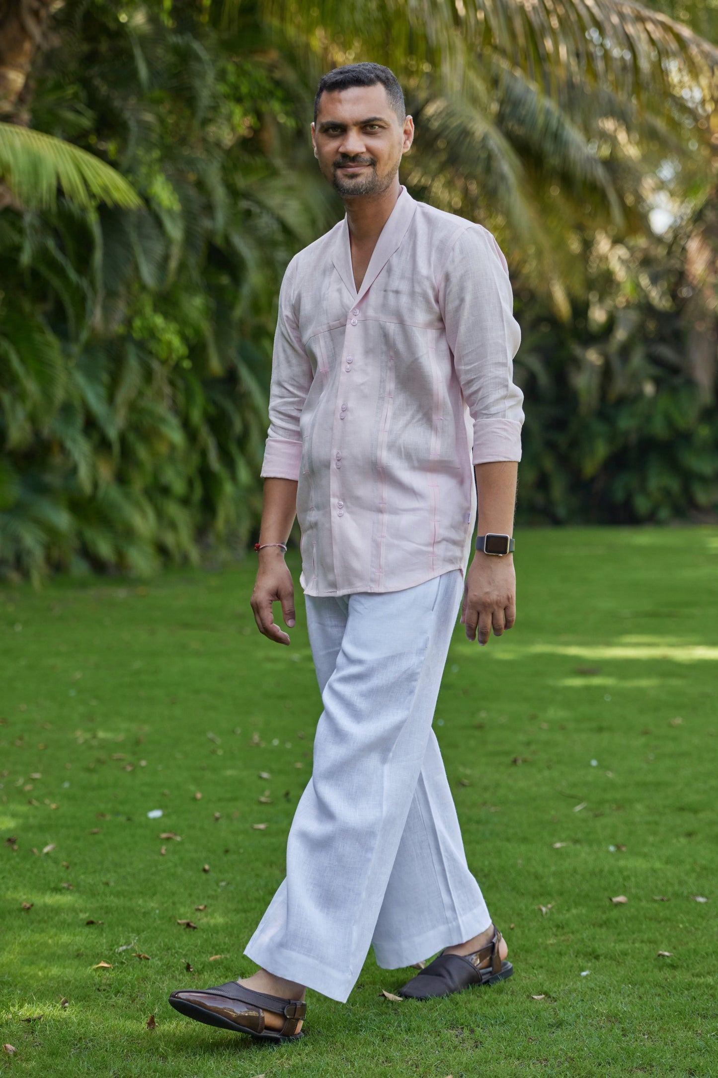 Men’s Camp Collar Pure Linen Shirt – Soft Blush pink